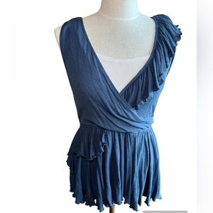Free People Float Away, Sleeveless Faux Wrap Ruffled Navy Goddess Top - Medium